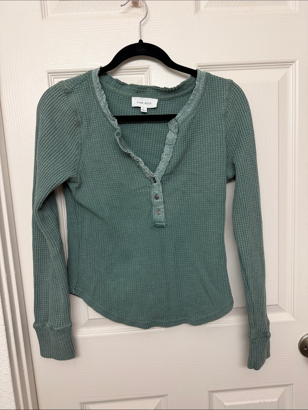 Pink Rose Long Sleeve Waffle Henley in Sage